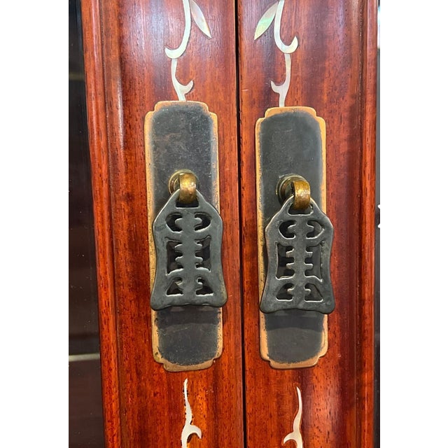Vintage Chinese Rosewood Mother-of-Pearl Inlaid China Cabinet – 2 Pieces For Sale - Image 11 of 18