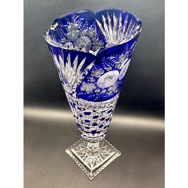 Vintage Crystal Cobalt Blue Overlay Cut Crystal Vase from Meissen, 1960s For Sale - Image 9 of 18