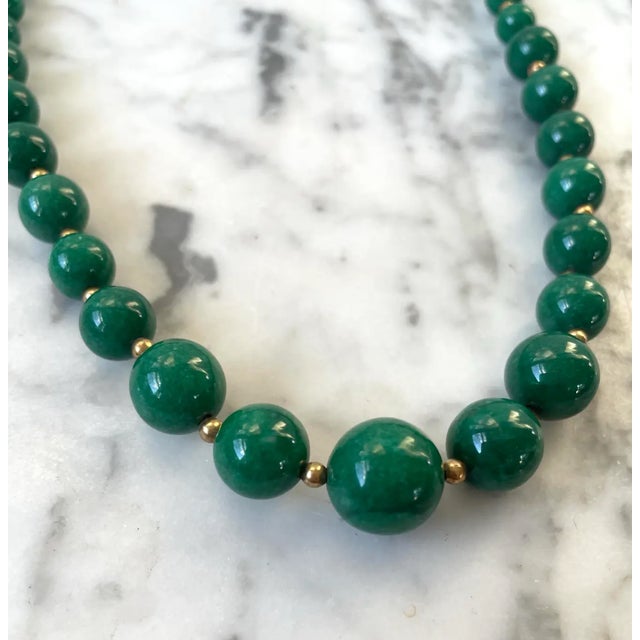 Mid-Century Modern Mid 20th Century Green Nephrite Jade and Goldtone Spacer Beaded Necklace - 23" For Sale - Image 3 of 5