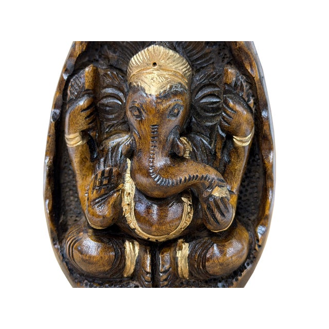 Coffee Vintage Oval Egg Shape Wood Relief Carved Ganesha Meditation Figure For Sale - Image 8 of 8