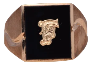 The Fati: Vintage Gentleman's Onyx and Carved F Initial Cocktail Ring in Yellow Gold
