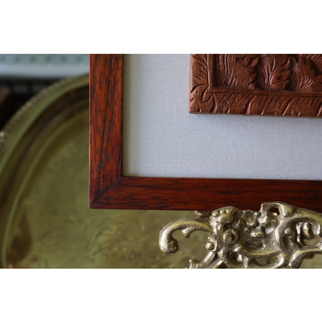 Vintage Southeast Asian Carved Teak Elephant, House & Temple Relief on Silk For Sale - Image 11 of 15
