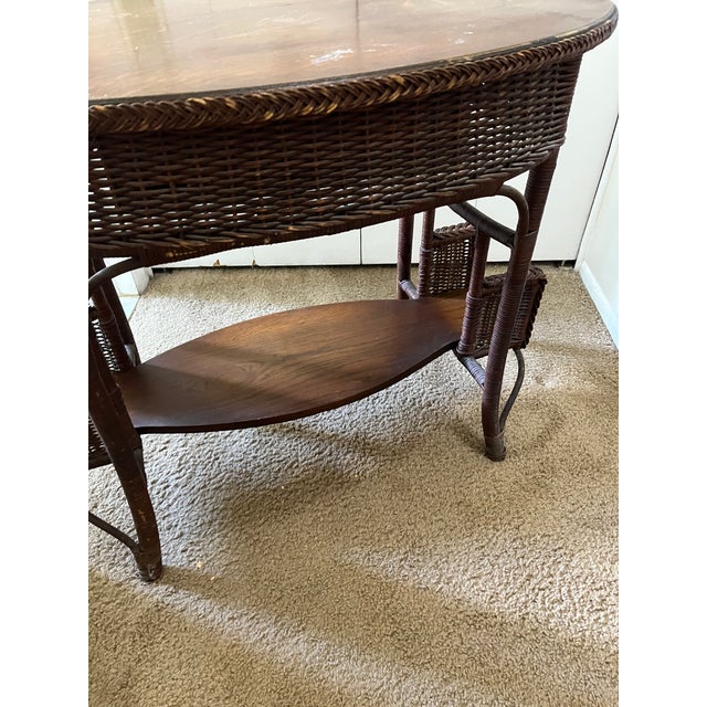 Brown Vintage Haywood Wakefield Wicker and Oak Desk/Library Table With Drawer For Sale - Image 8 of 10