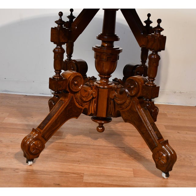 1880s Antique Victorian Renaissance Revival Walnut & Marble Top Center Table For Sale - Image 12 of 18
