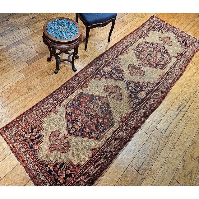 Antique Persian Serab Runner Rug, Hand-Knotted Wool, Geometric Medallion Pattern, Camel & Red, 4x11 For Sale - Image 9 of 12