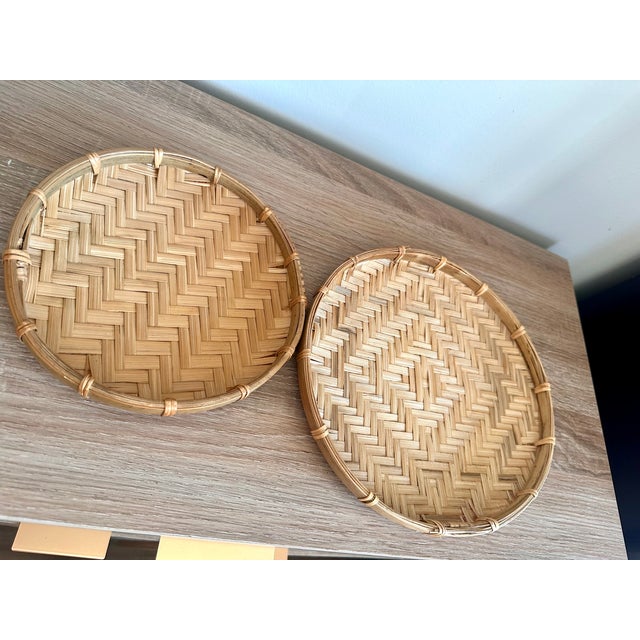 Handwoven Bamboo Round Decorative Trays, Set of 2 For Sale - Image 13 of 18