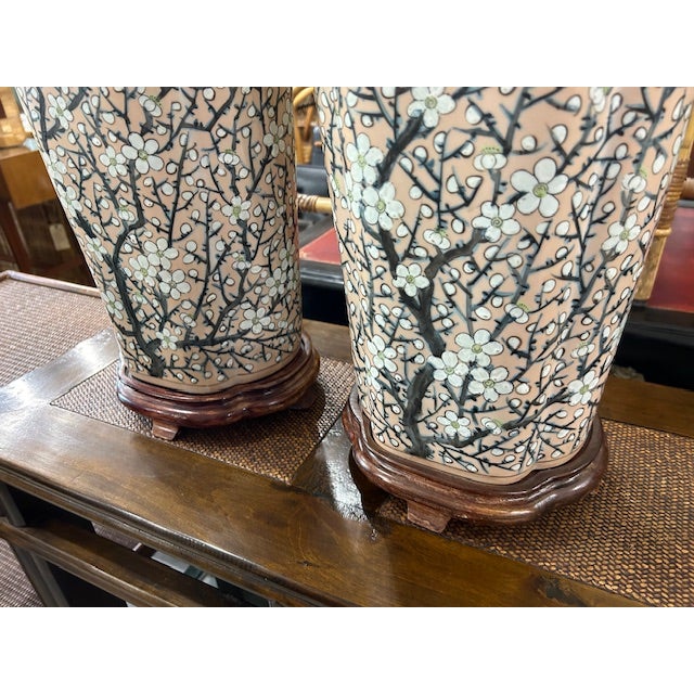 Vintage Pink Porcelain Cherry Blossom Lamps, a Pair For Sale In West Palm - Image 6 of 11