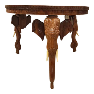 1980s Vintage Indian Wooden Elephant Head Legged Side Table