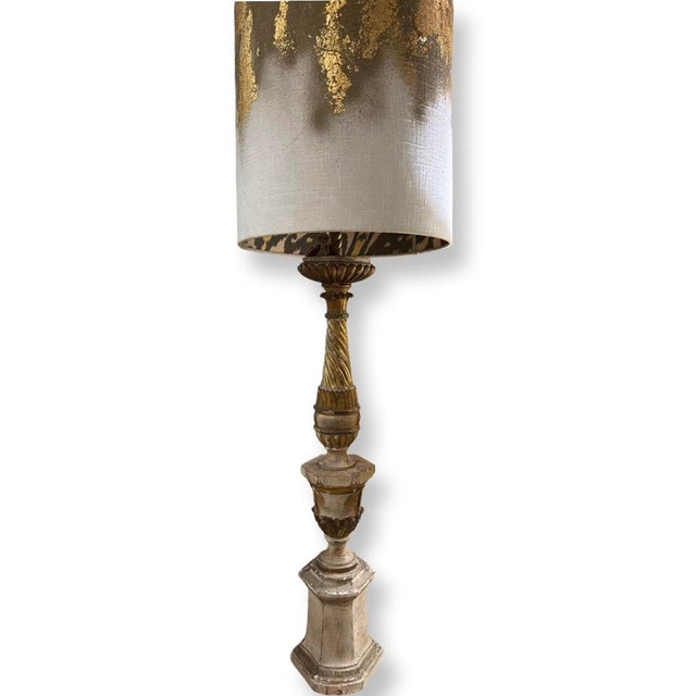 Antique 18 century Wooden and policrómate Italian Lamp with Lampshade gilded on line . Some minor paint chipping is...