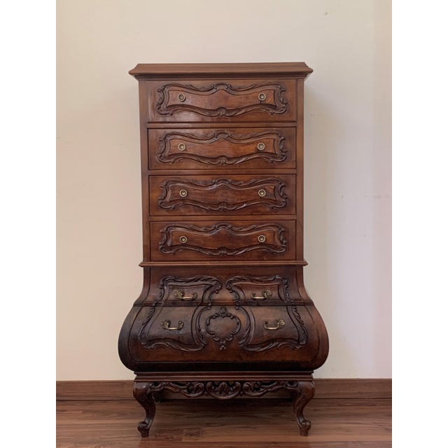 French Country Louis XV Style Carved "Bombe" Walnut Commode Chest of