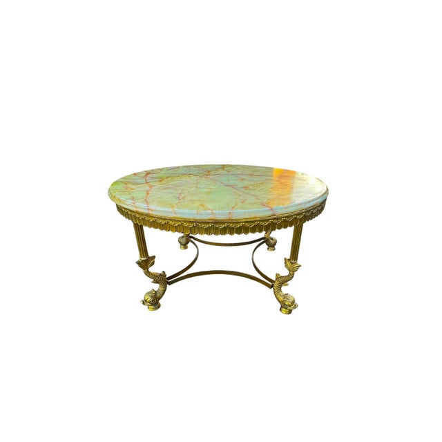 Mid-Century Modern Round Brass and Onyx Marble Koi Fish Coffee Table, 1970s For Sale - Image 3 of 9