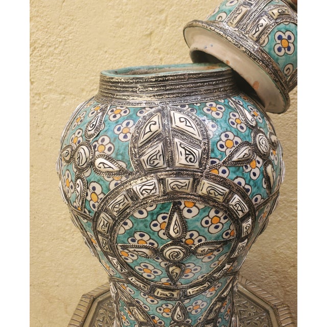 Moroccan Tall Hand Painted Moroccan Resin and Metal Inlay Vase / Turquoise For Sale - Image 3 of 6