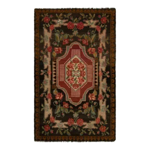Vintage Bessarabian Kilim Rug in Red, Brown, Green Floral Pattern