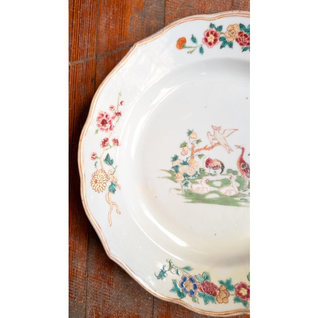 18th Century Chinese Export Qianlong Period Famille Rose Plate With Repair For Sale - Image 4 of 12
