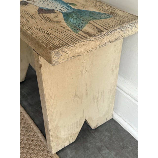 1980s Rustic Folk Art Hand Painted Fish Small Table For Sale - Image 9 of 10