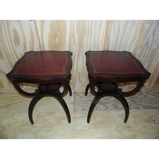 Wood Vintage Pair Adams Always Regency Style Mahogany Red Leather Top 2 Tier Tables For Sale - Image 7 of 12