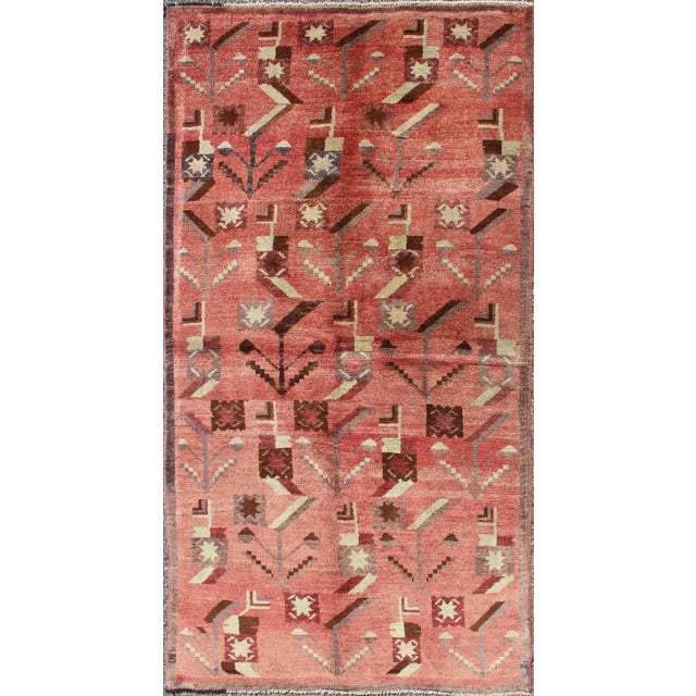 Textile Turkish Oushak Vintage Carpet With Tribal Figures Set Soft Red Pink Background For Sale - Image 7 of 7