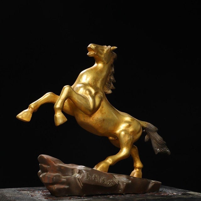 Large Vintage Gilt Brass Galloping Horse Sculpture - Feng Shui "Success" Statue on Base For Sale - Image 9 of 9