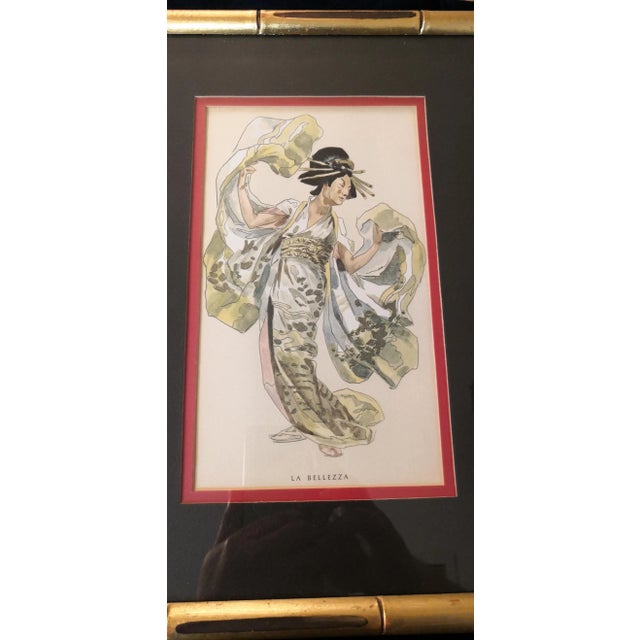 Chinoiserie Mid-Century Italian Chinoiserie Watercolor Faux Bamboo Framed Art For Sale - Image 3 of 10