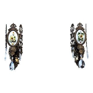 Italian Brass Wall Sconces with Porcelain Roses and Crystal Drops, 1950s, 1920s, Set of 2 For Sale