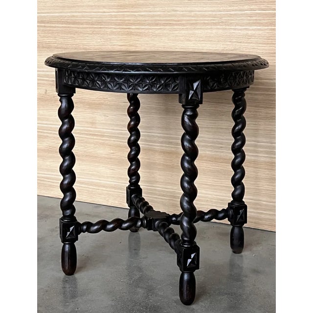 Wood Spanish Round Walnut Side Table with Solomonic Legs and Beleveled Edges, 1900s For Sale - Image 7 of 13