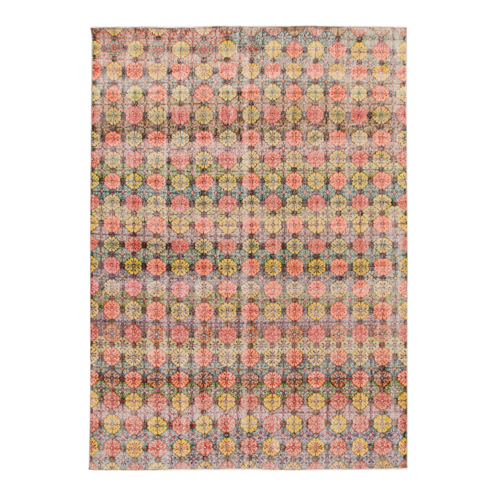 Vintage Turkish Art Deco Handmade Pink and Yellow Floral Wool Rug ...