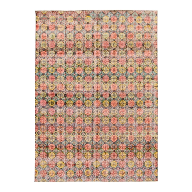 Vintage Turkish Art Deco Handmade Pink and Yellow Floral Wool Rug For Sale