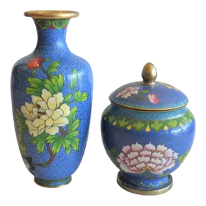 Mid 20th Century Blue Chinese Cloisonné Vase & Jar Set- 2 Pieces