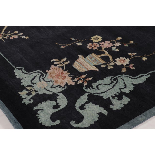 Art Deco Rug & Kilim’s Chinese Art Deco Inspired Rug, Elegant Florals on Midnight Blue For Sale - Image 3 of 8