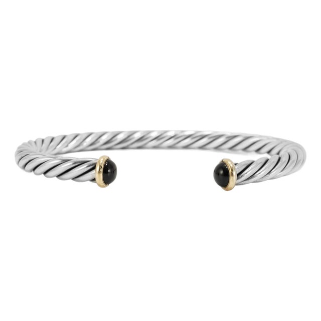 Men’s David Yurman 14k Gold & 925 Silver 6mm Onyx Cable Cuff Bangle Bracelet For Sale