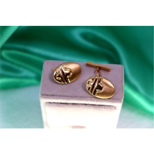 Metal Oval Gold Cufflinks with Reliefs and Bands on the Crossbars, Set of 2 For Sale - Image 7 of 8