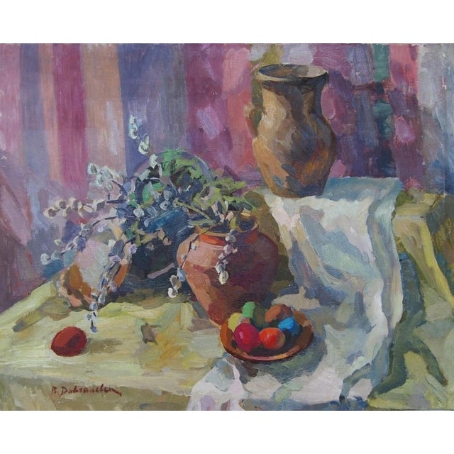 Antique Still Life Oil Painting: Flowers and Food, Ukrainian Art 52-64 For Sale