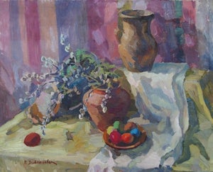 Antique Still Life Oil Painting: Flowers and Food, Ukrainian Art 52-64