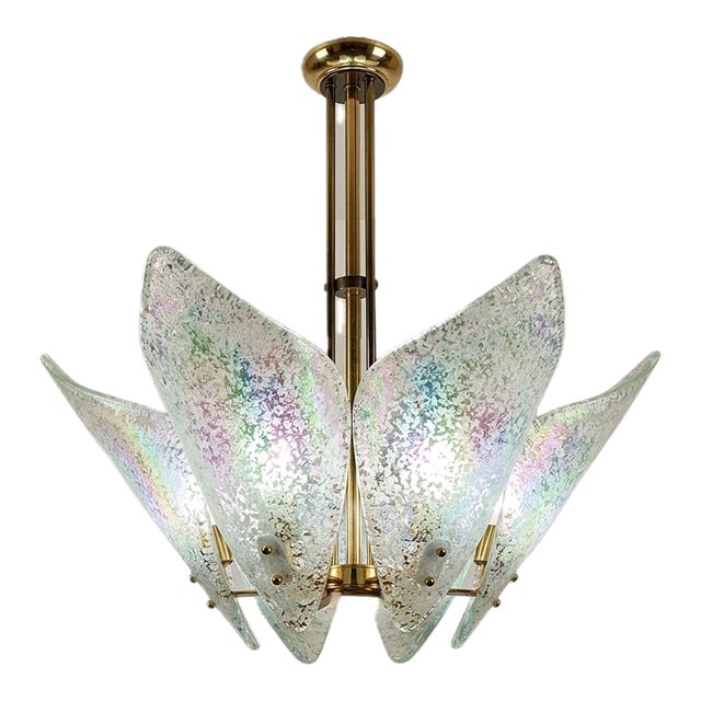 Vintage Murano Glass & Brass Chandelier With Iridescent Petal Shades, Italy 1970s For Sale