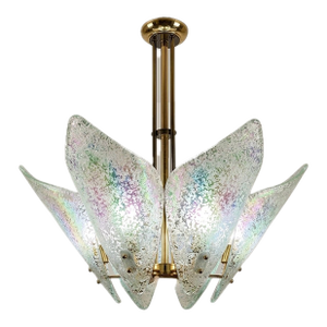 Vintage Murano Glass & Brass Chandelier With Iridescent Petal Shades, Italy 1970s
