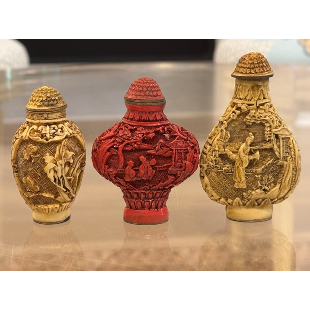 Vintage Chinese / Chinoiserie Style Relief Decorated Snuff Bottles - Set of 3 For Sale - Image 9 of 11