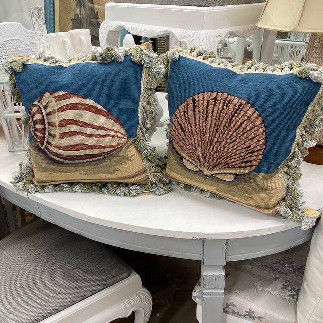 Traditional Pair of Needlepoint Throw Pillows With Decorative Tassel Fringe For Sale - Image 3 of 11