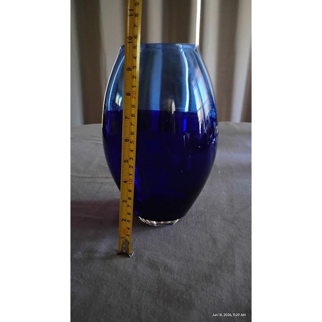 Scandinavian Cobalt Blue Art Glass Vase | Heavy Hand Blown Mid Century Modern Statement Decor 9" For Sale In Sacramento - Image 6 of 9
