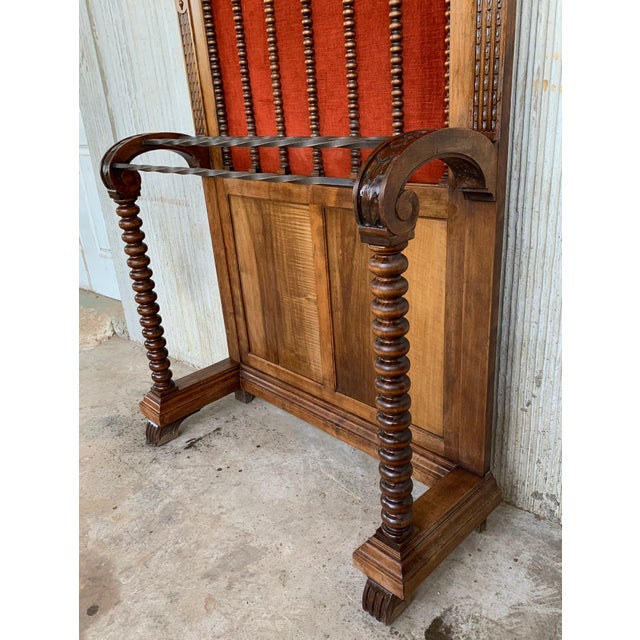 19th Large Carved Spanish Solid Walnut Hall Stand with Red Velvet Back For Sale - Image 12 of 18