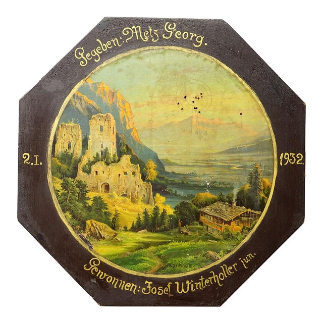 Antique Honor Target With Alpine Landscape and Castle Ruins, Germany 1932 For Sale
