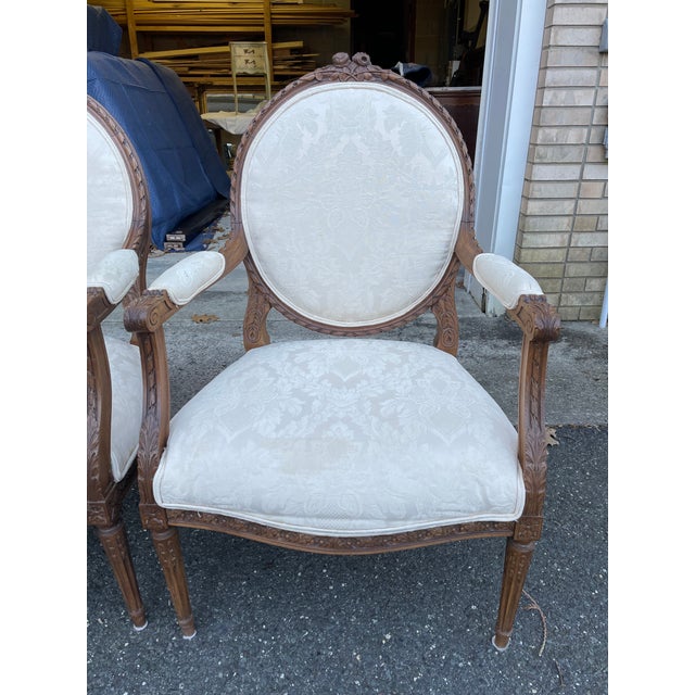 Wood 1950s Italian Louis XVI Style Carved Arm Chairs With Roses - a Pair For Sale - Image 7 of 10