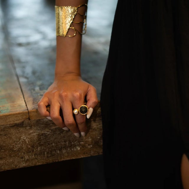 Mystic Duo Labradorite & Pearl Gold Adjustable Ring, Size 4 For Sale - Image 4 of 9