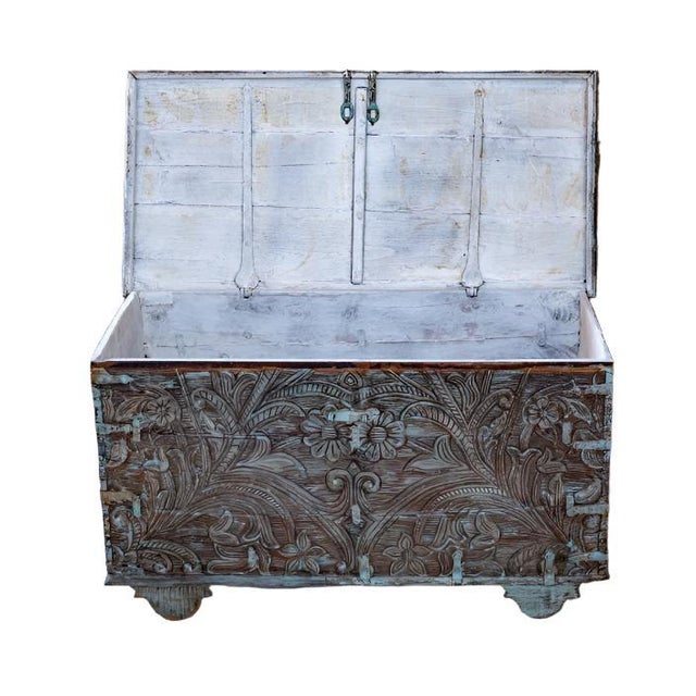 Indian Vintage Blue Floral Hope Chest on Wheels | Carved Wood Storage Bench Trunk For Sale - Image 3 of 5