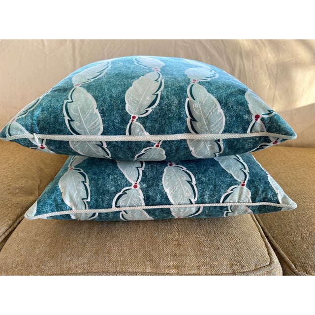 Pair of Oka Ocean Blue Fractal Leaf Pillow Covers With Duck Feather Inserts For Sale - Image 12 of 13
