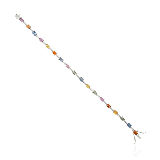 4.38ct Rainbow Multi Sapphire & Diamond Tennis Bracelet in 14k White Gold 6.5 Inch For Sale In New York - Image 6 of 13