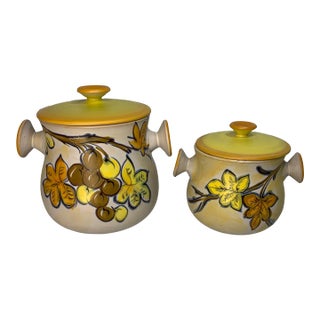 Vintage Italian Terra Cotta Jars With Lids and Hand Painted Sun-Ripe Grapes and Leaves For Sale