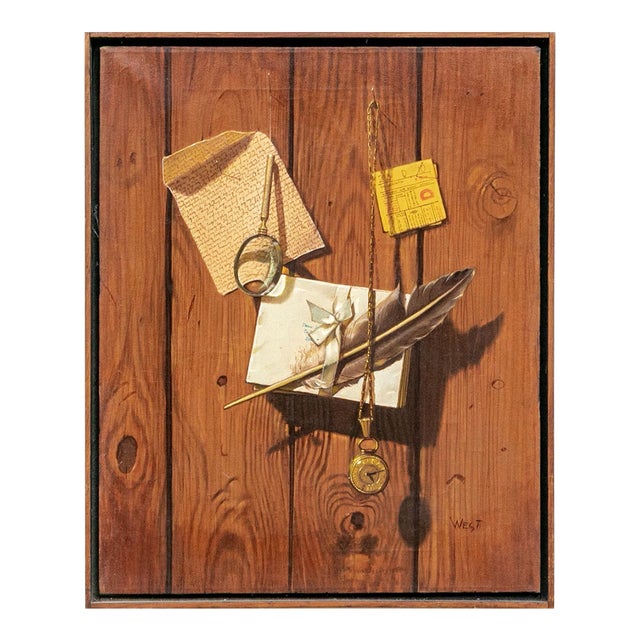 Tromp l'Oeil Still Life Oil Painting on Canvas With Faux Bois Wood Grain Background For Sale