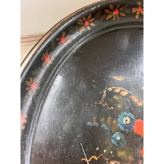Antique English Hand-Painted Floral Oval Toleware Tray, Late 19th Century For Sale - Image 9 of 10