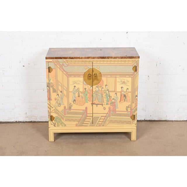 A gorgeous Hollywood Regency Chinoiserie bar cabinet By Drexel Heritage USA, Circa 1980s Cream lacquered mahogany, with...