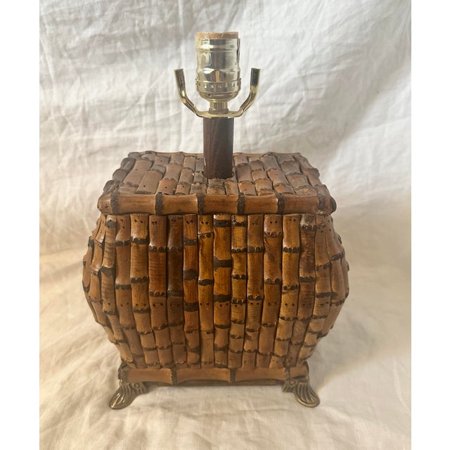 Vintage Chinoiserie Asian Style Bamboo Table Lamp with antique brass feet. Matching rattan shade. Perfect for a Office or...